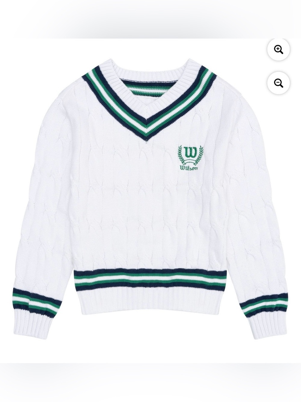 Wilson White Cable-Knit V-Neck Sweater with Green & Navy Stripes
